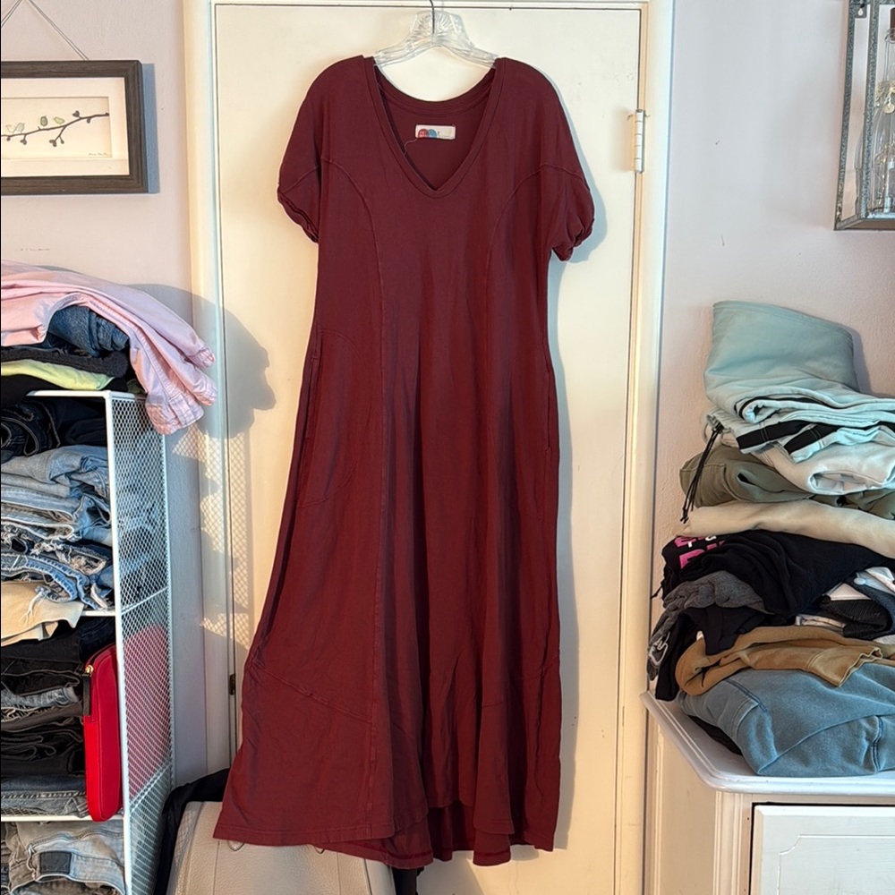 Free People Burgundy Casual V-Neck Sundress